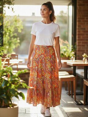 Vintage Lauren Ralph Lauren Orange Tiered Paisley Boho Maxi Skirt Size XL EUC